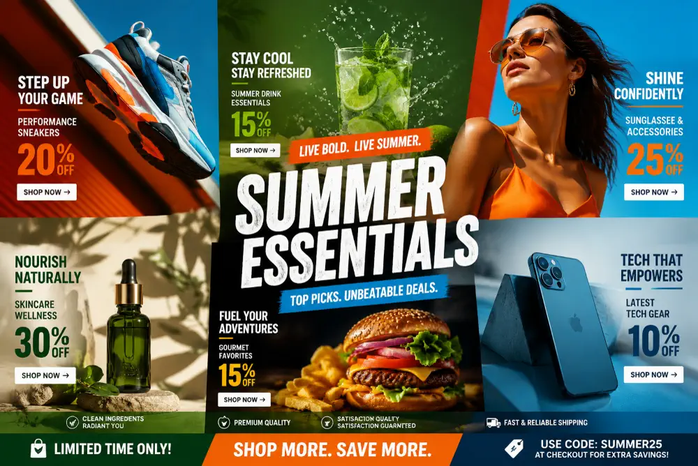 Ad creative examples arranged for marketing campaign variation and A/B testing
