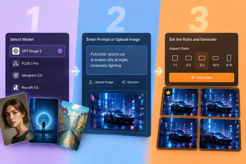 Three-step workflow panel for choosing a model, adding input, and generating a result