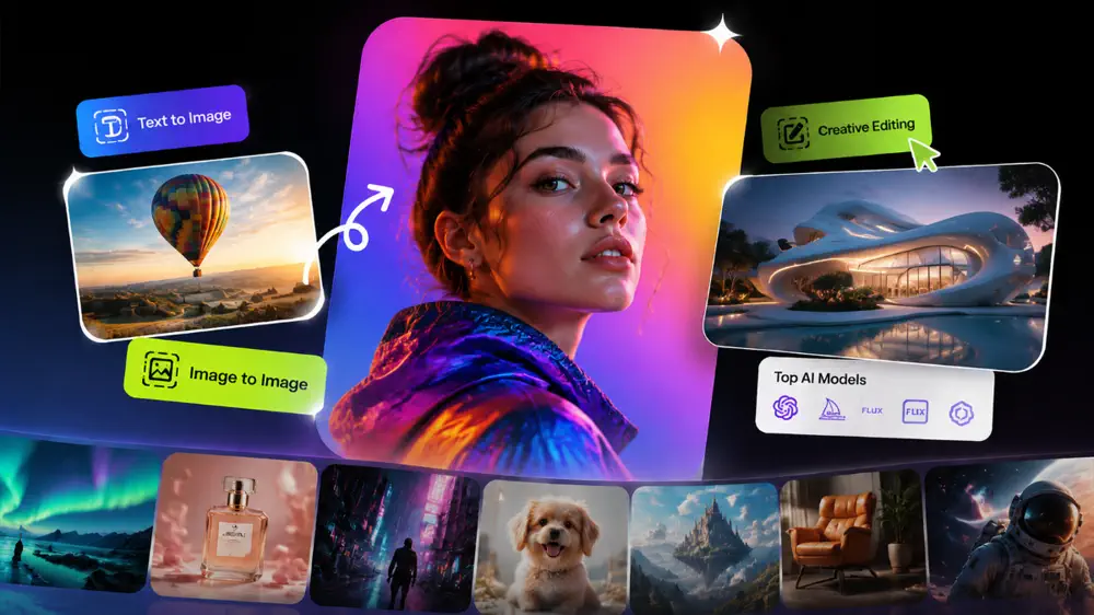 Workspace preview showing prompts, generated visuals, and model controls for AI image creation