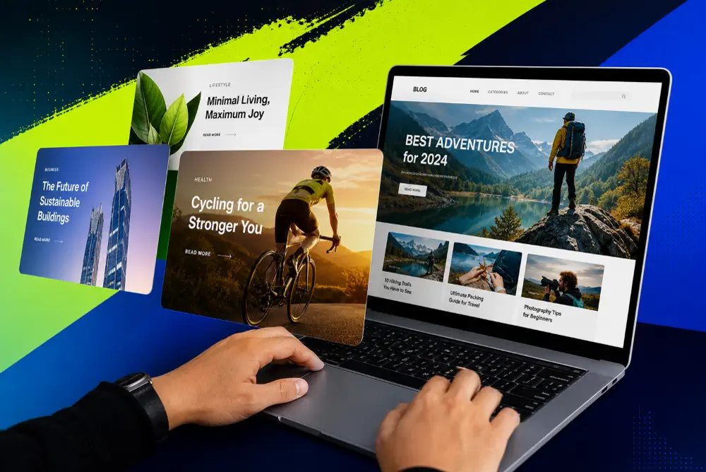 Editorial cover and web asset previews for articles, blogs, and landing pages