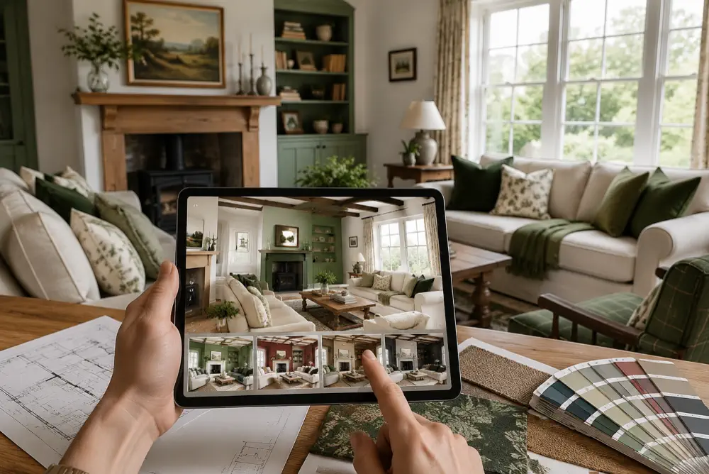 Interior mockup scene showing room layout, furniture styling, and realistic lighting