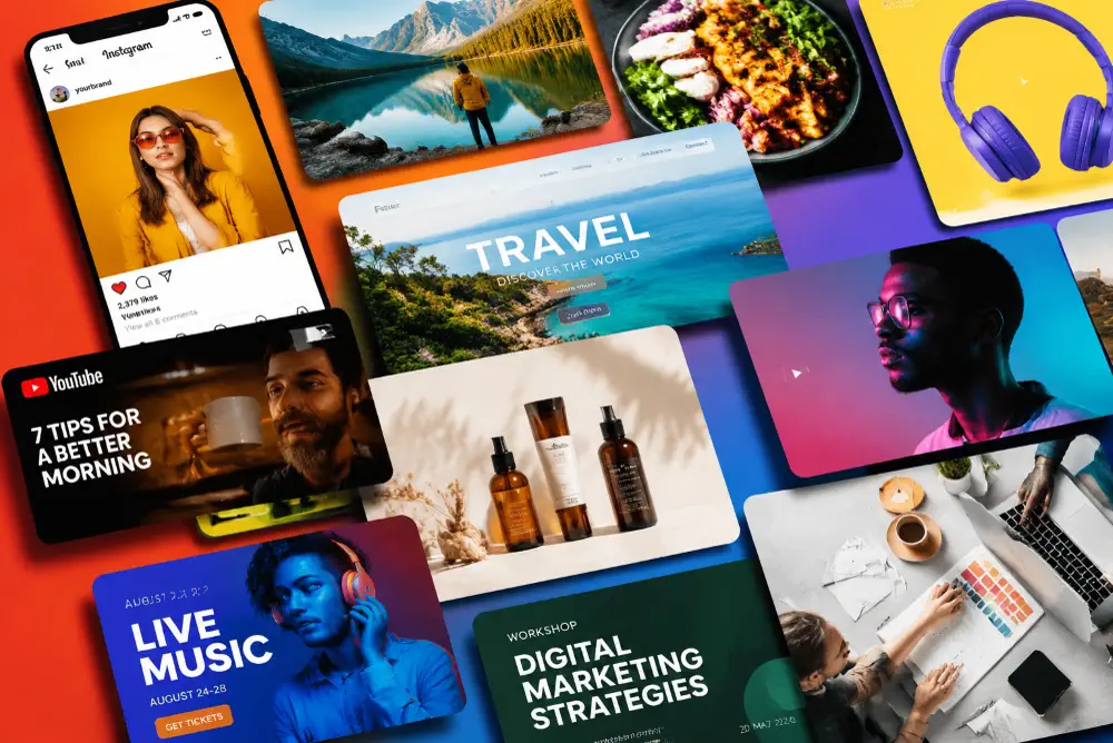 Format preview showing social posts, thumbnails, blog covers, and landing page assets