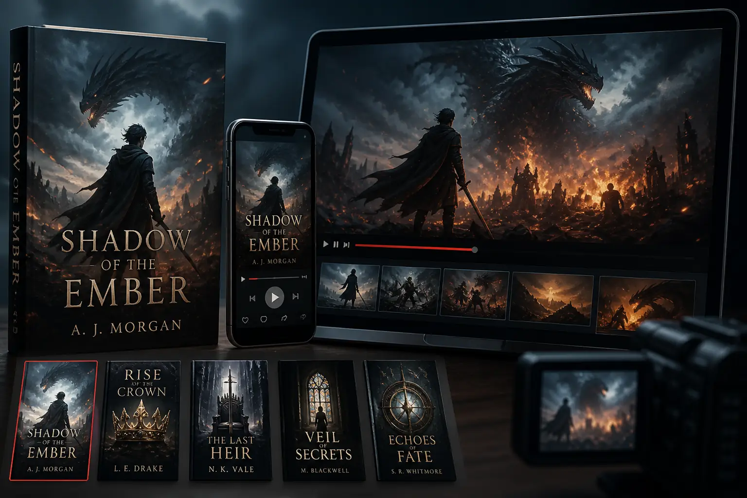 Book cover campaign mockup showing cinematic video scenes for social media promotion
