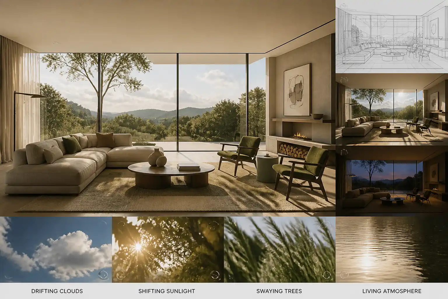 Interior render prepared for image to video motion with sunlight, trees, and living atmosphere