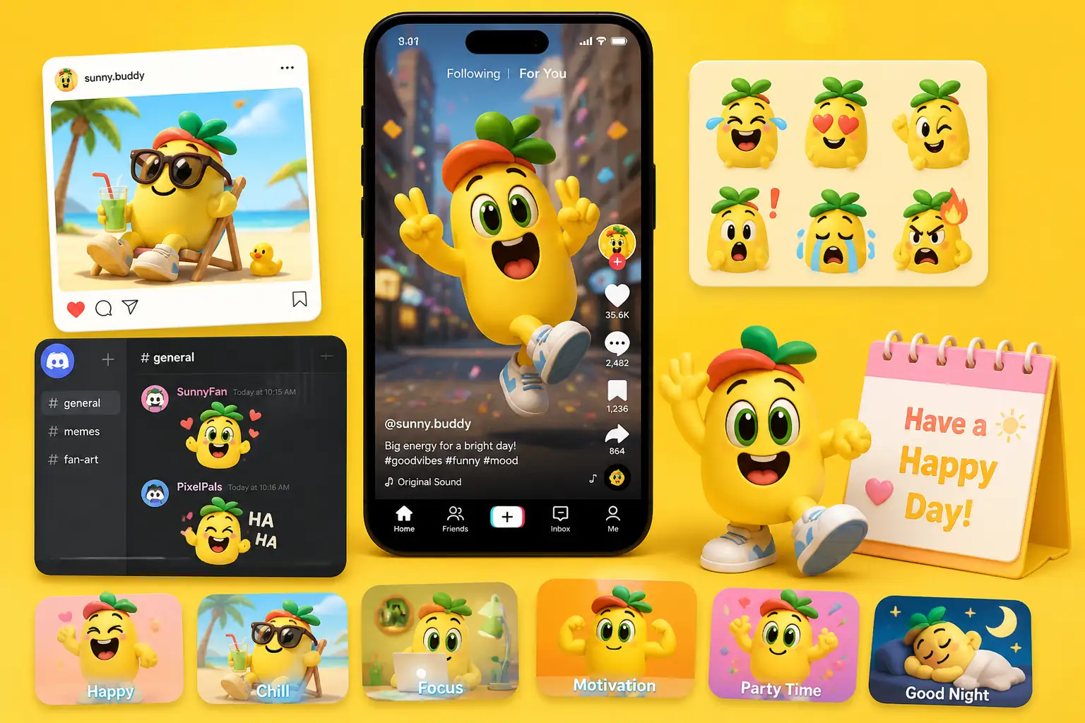 Mascot content board showing stickers, posts, and reaction memes animated for social channels