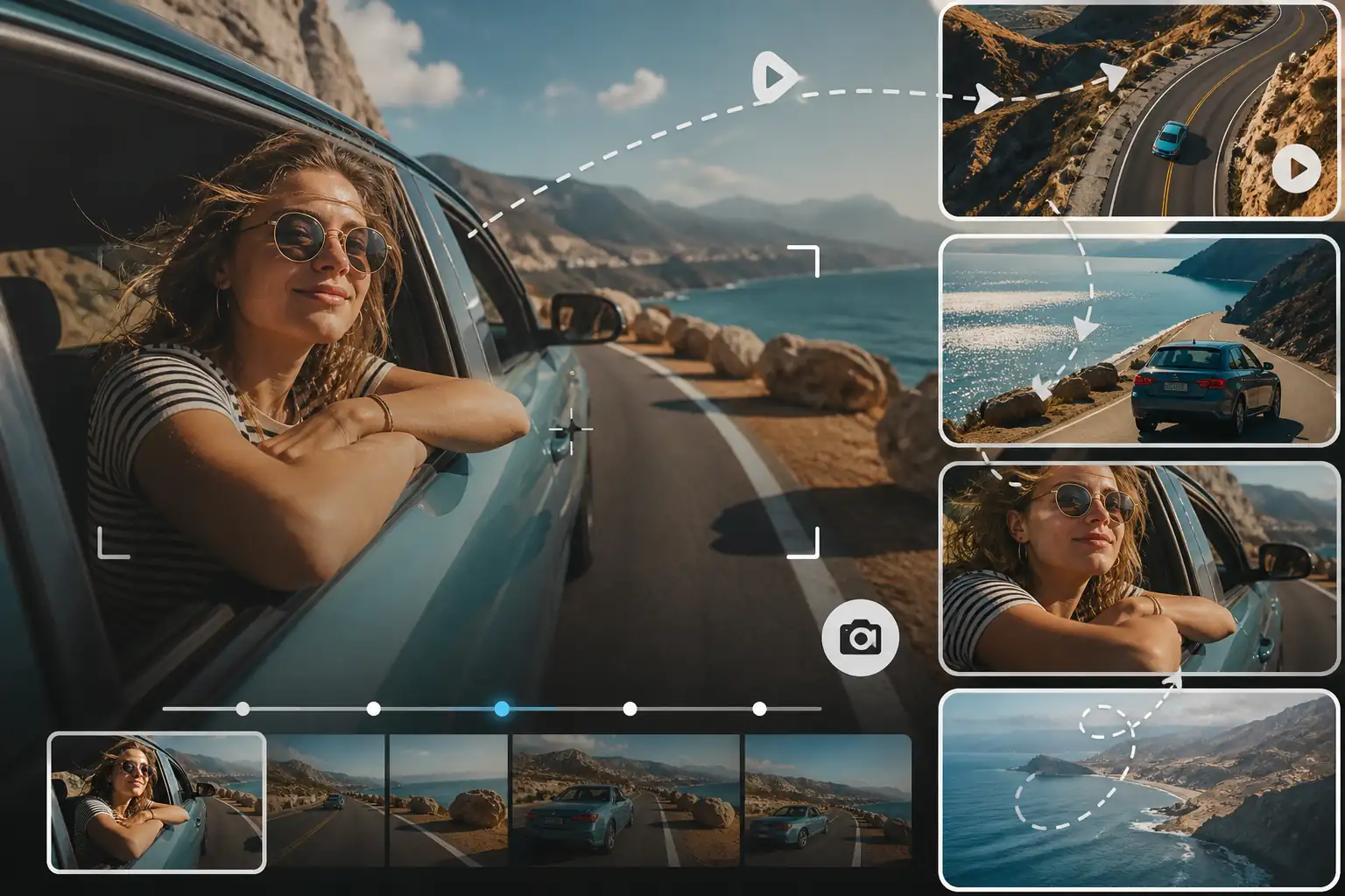 Editing interface preview with camera paths, depth controls, and cinematic motion thumbnails
