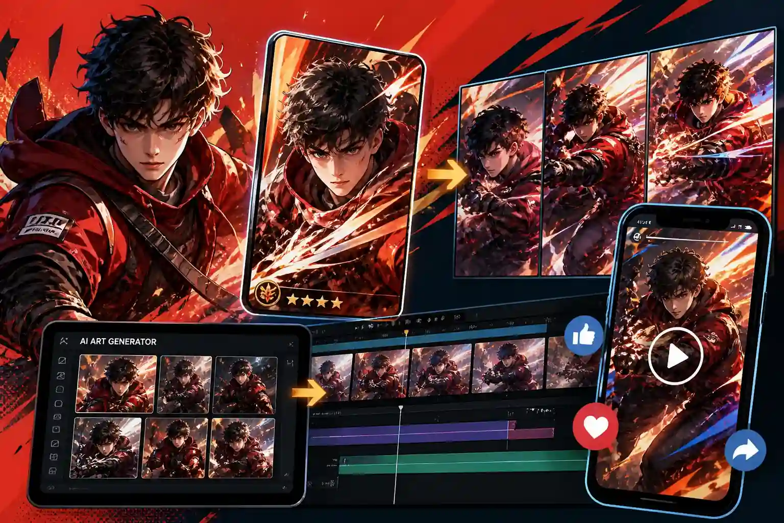 Game key art dashboard showing character scenes prepared for animated promo teasers