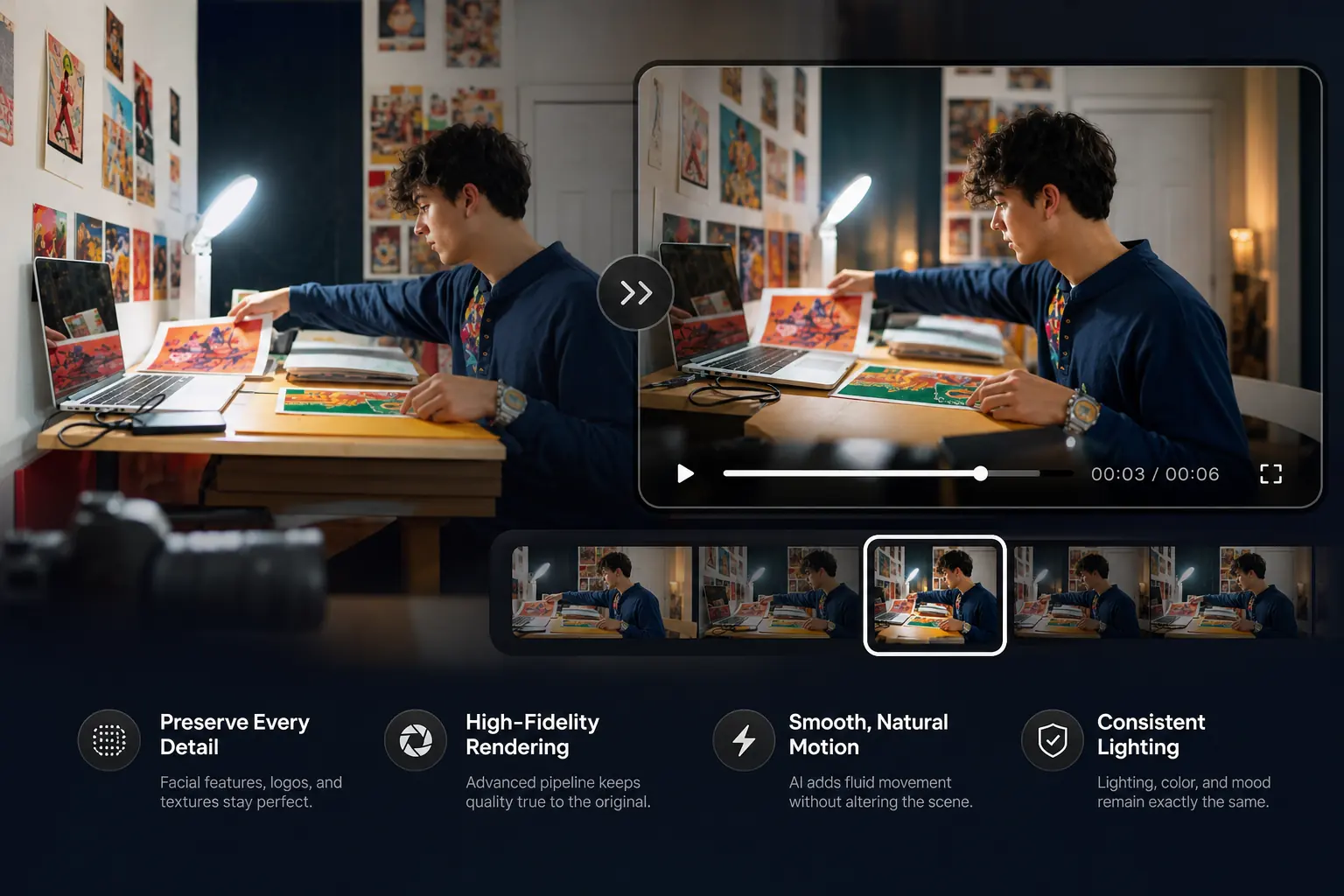 Creator workspace showing preserved faces, lighting, and details during video generation