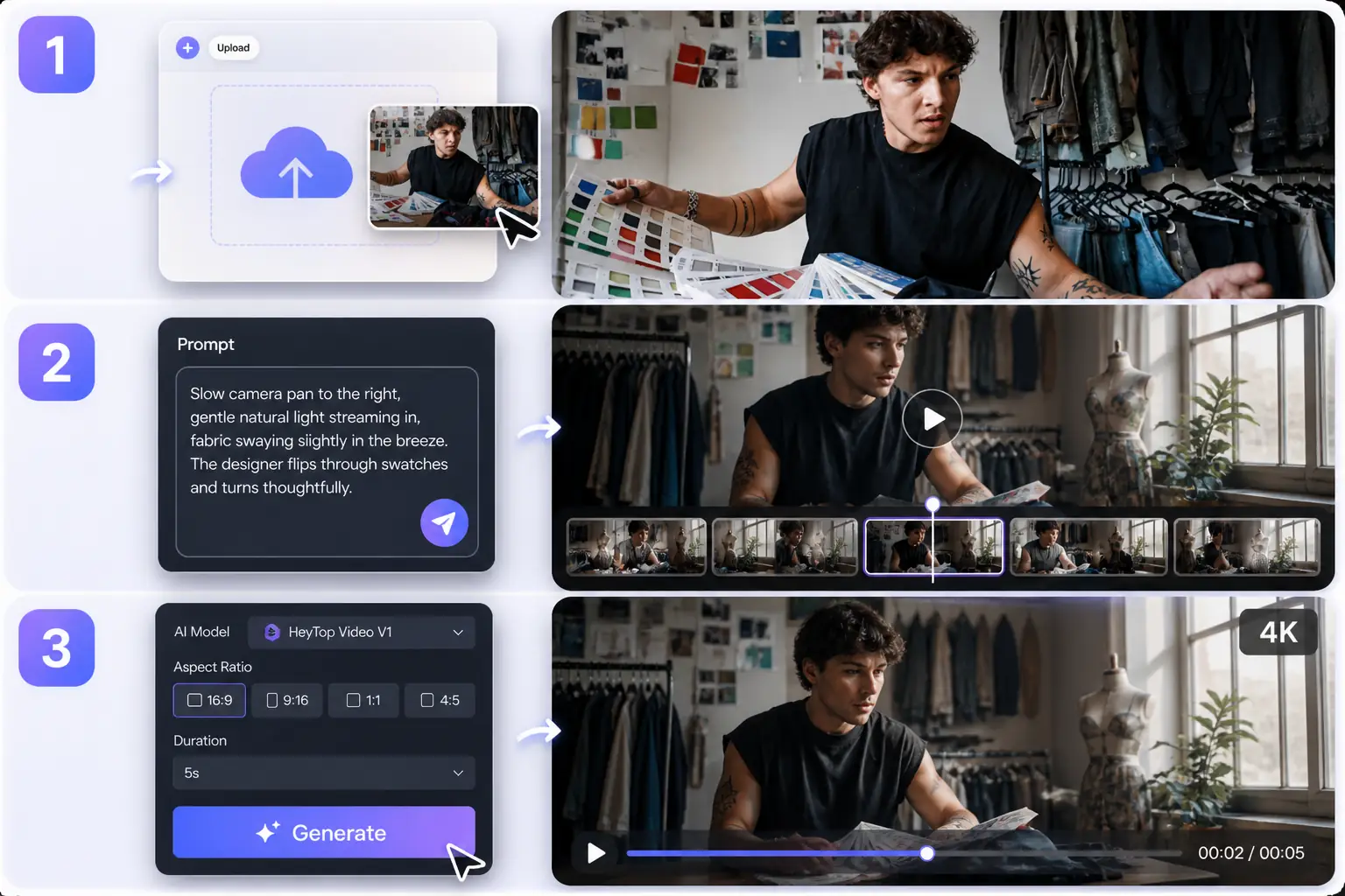 Three-step generator workflow for uploading a photo, writing a prompt, and rendering video