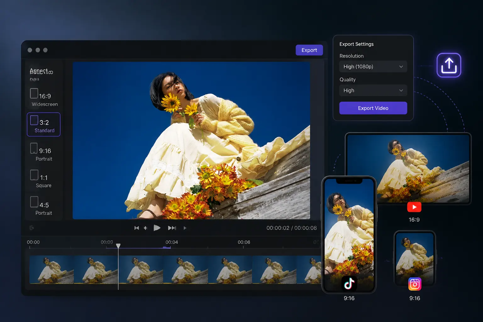 Export workspace showing aspect ratio controls for social and widescreen video formats