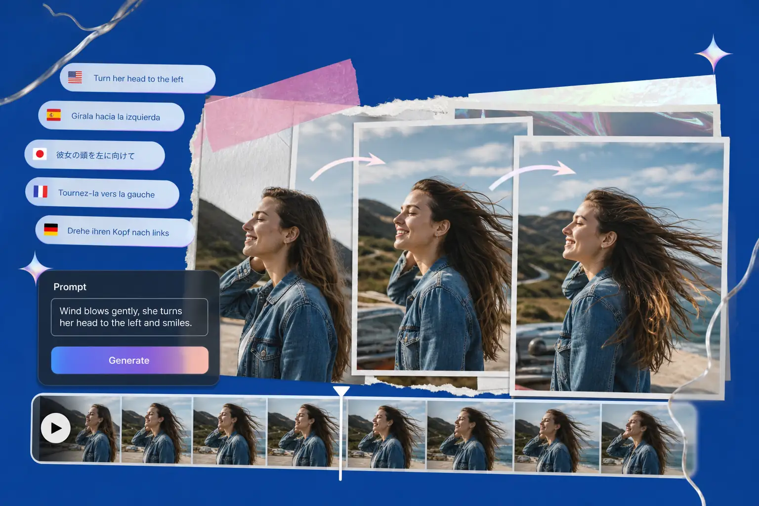 Prompt control interface showing multilingual motion instructions applied to a portrait scene