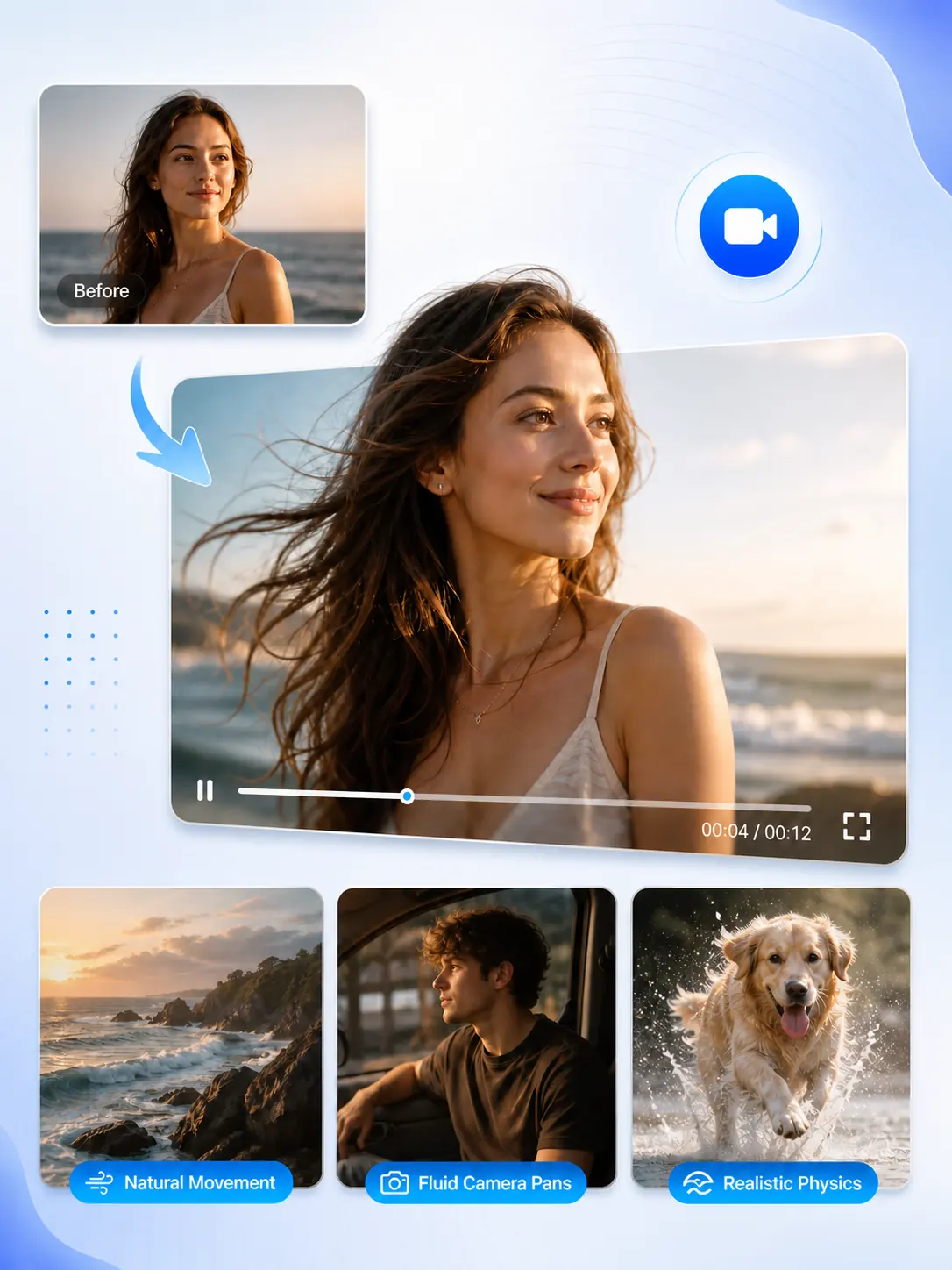AI image to video generation preview showing a photo transformed into a dynamic video