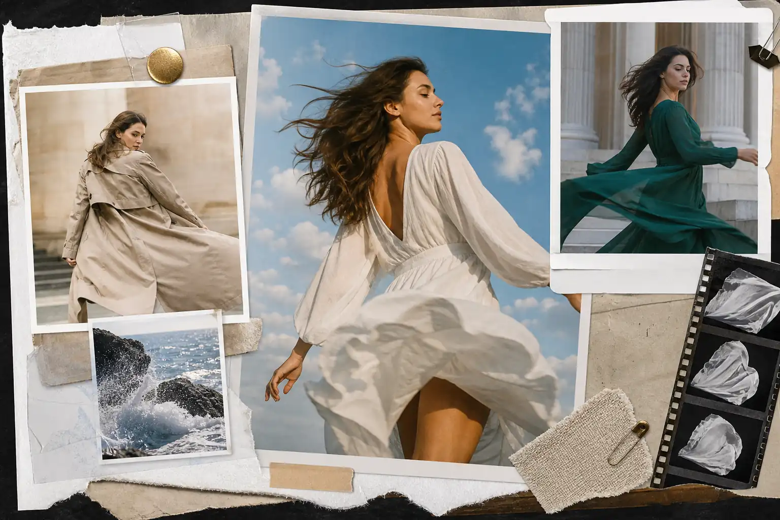 Fashion scene collage showing realistic fabric movement and fluid motion transitions