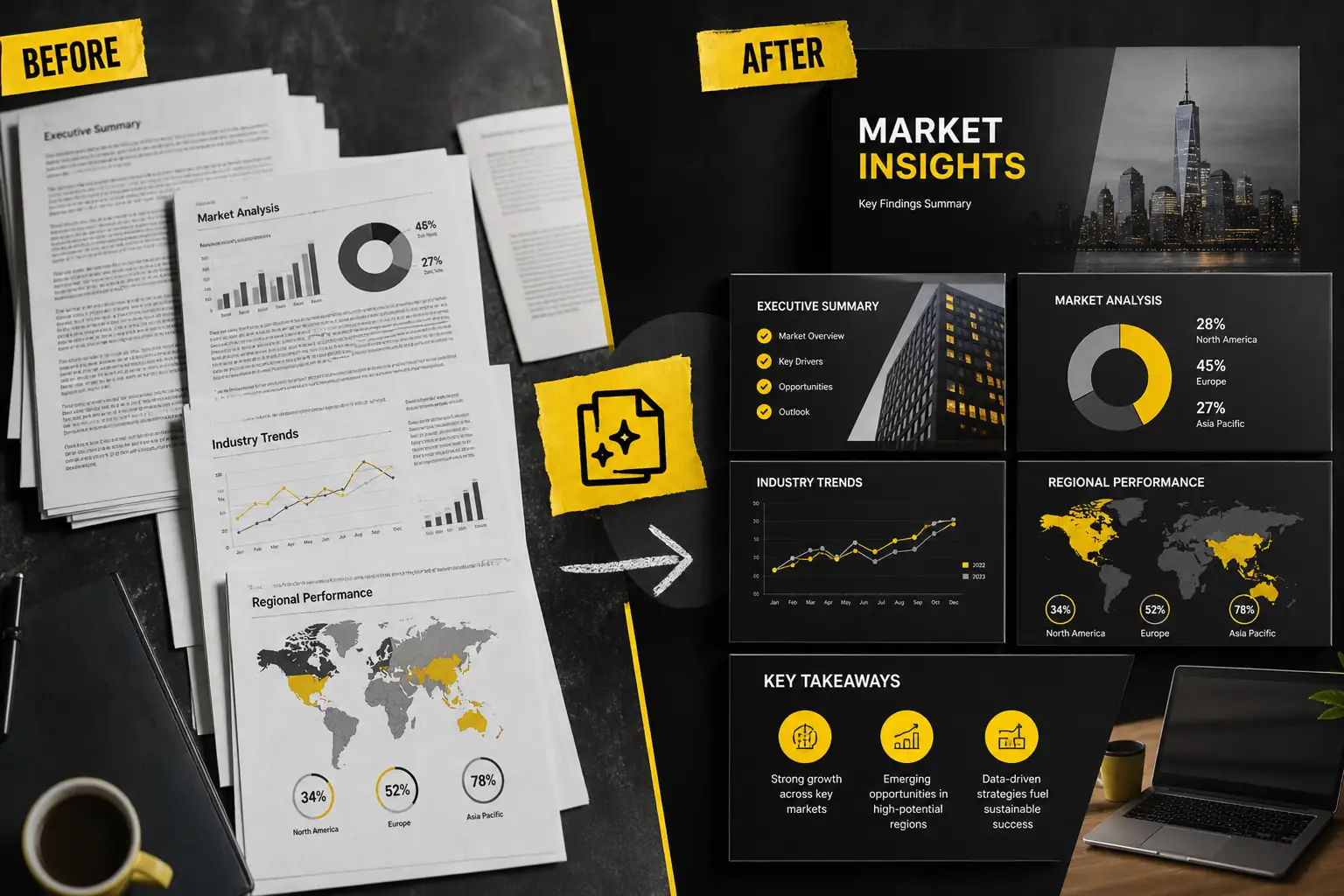 Dense PDF report reorganized into a clear slide narrative with summarized sections and key points