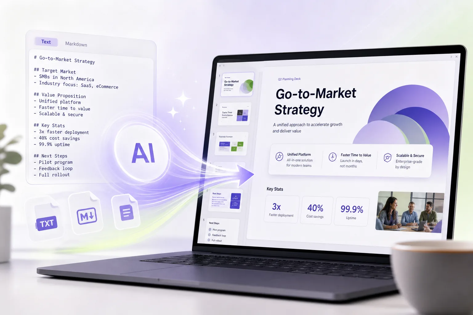 将文本和 Markdown 笔记转换为结构化幻灯片的 AI 演示文稿制作器界面