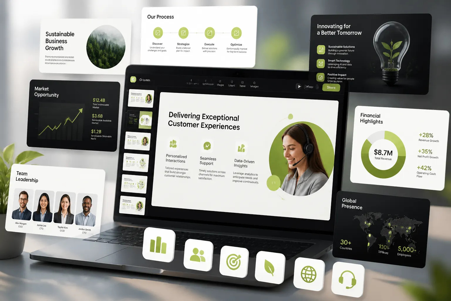 AI Text to PPT slide layout enhanced with matched icons and supporting visual elements