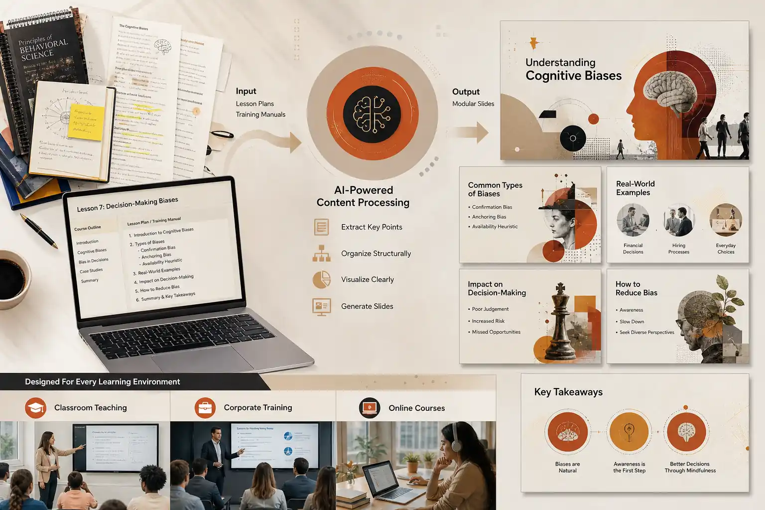 Training and classroom slides simplifying lesson content into clear modular learning points