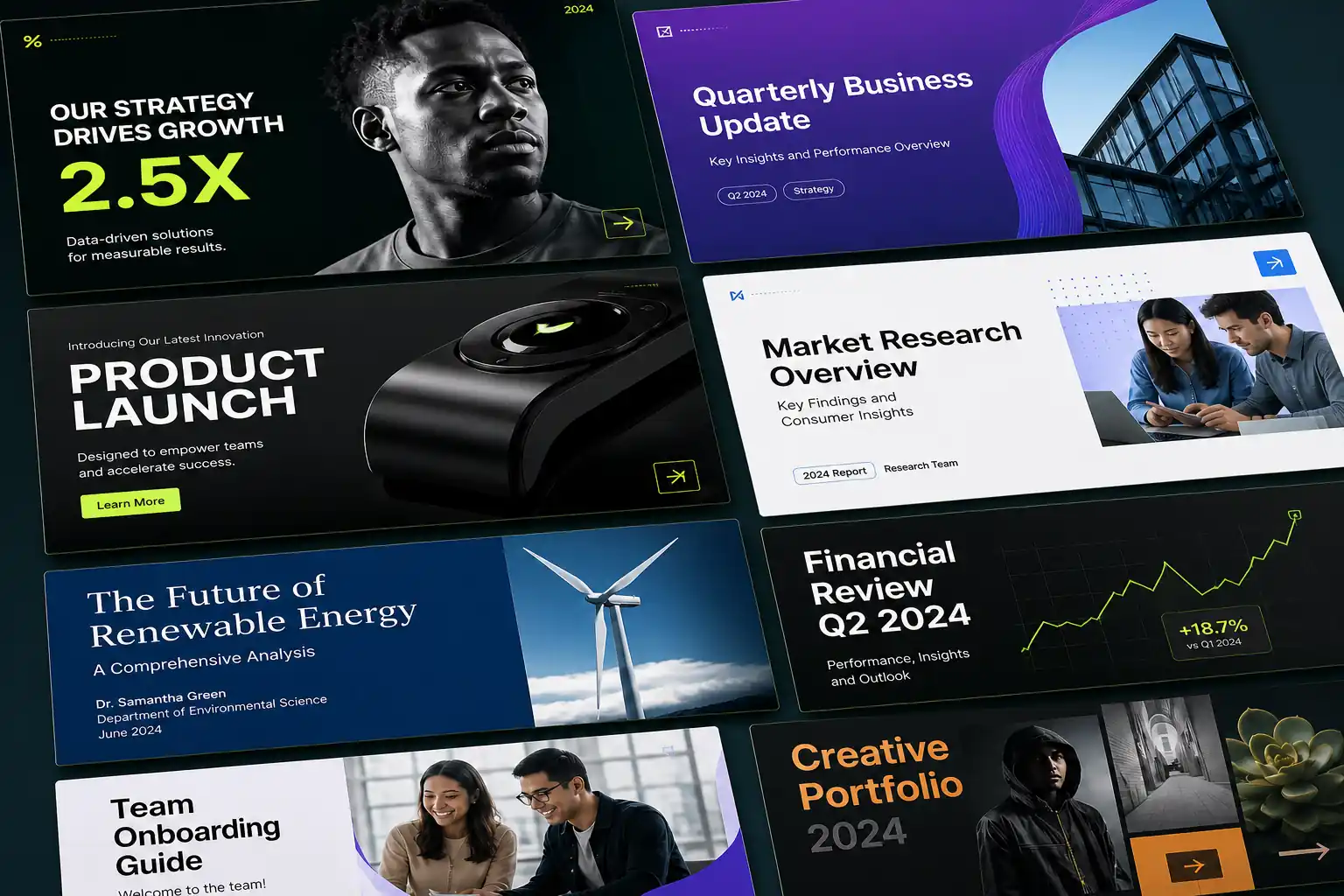 Slide copy rewritten into different tones for sales, academic, and corporate presentations