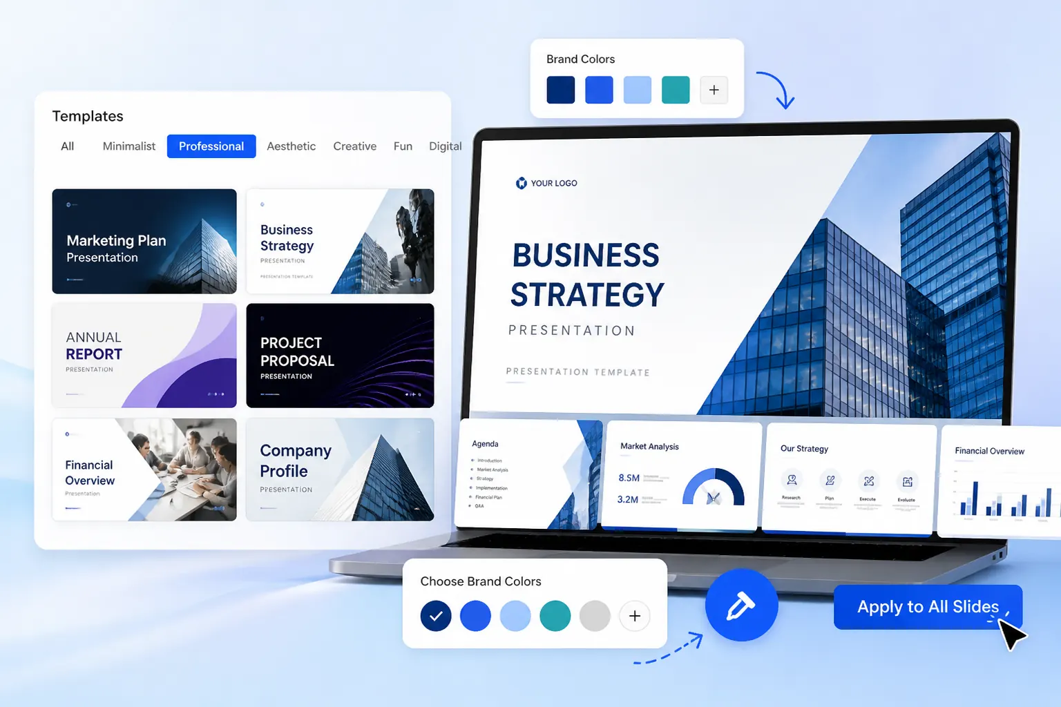 Template gallery showing professional slide styles with selectable brand color options