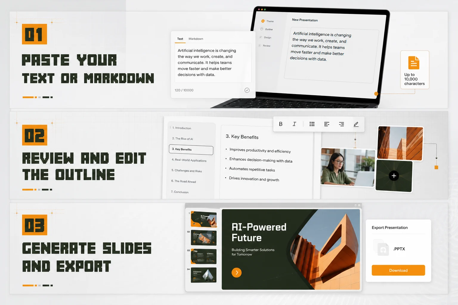 Three-step workflow for pasting text, editing an outline, and exporting a PPTX deck