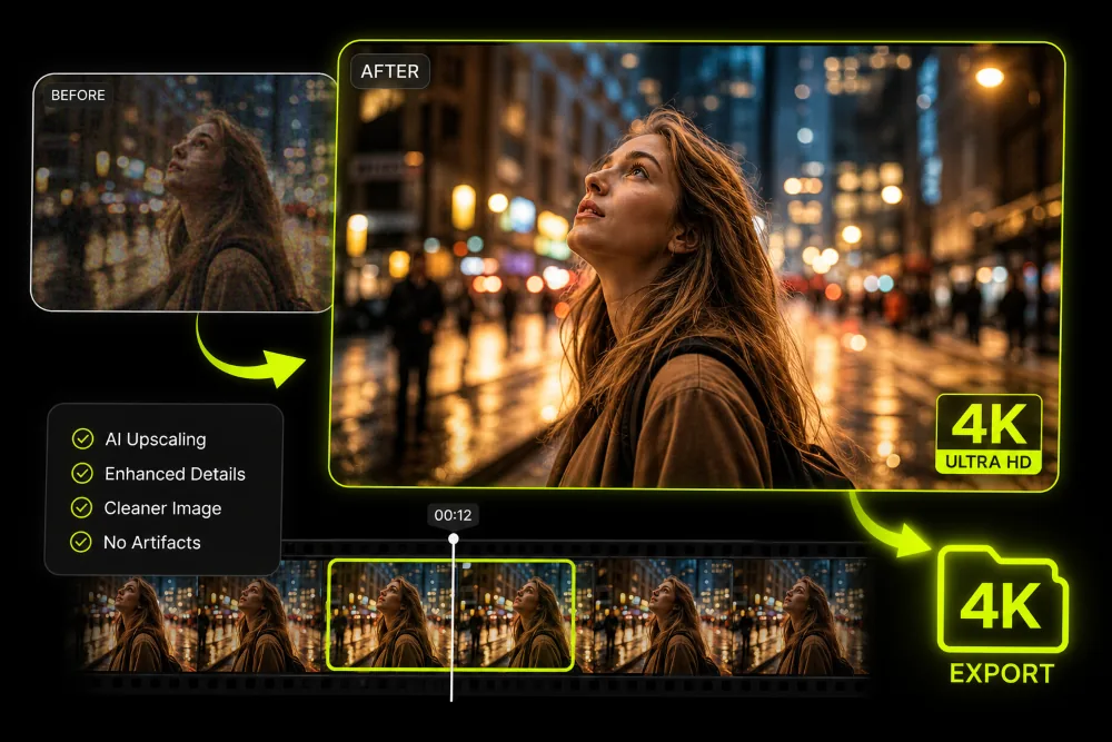 AI 视频高清放大预览，用于导出清晰的 4K 高分辨率成片