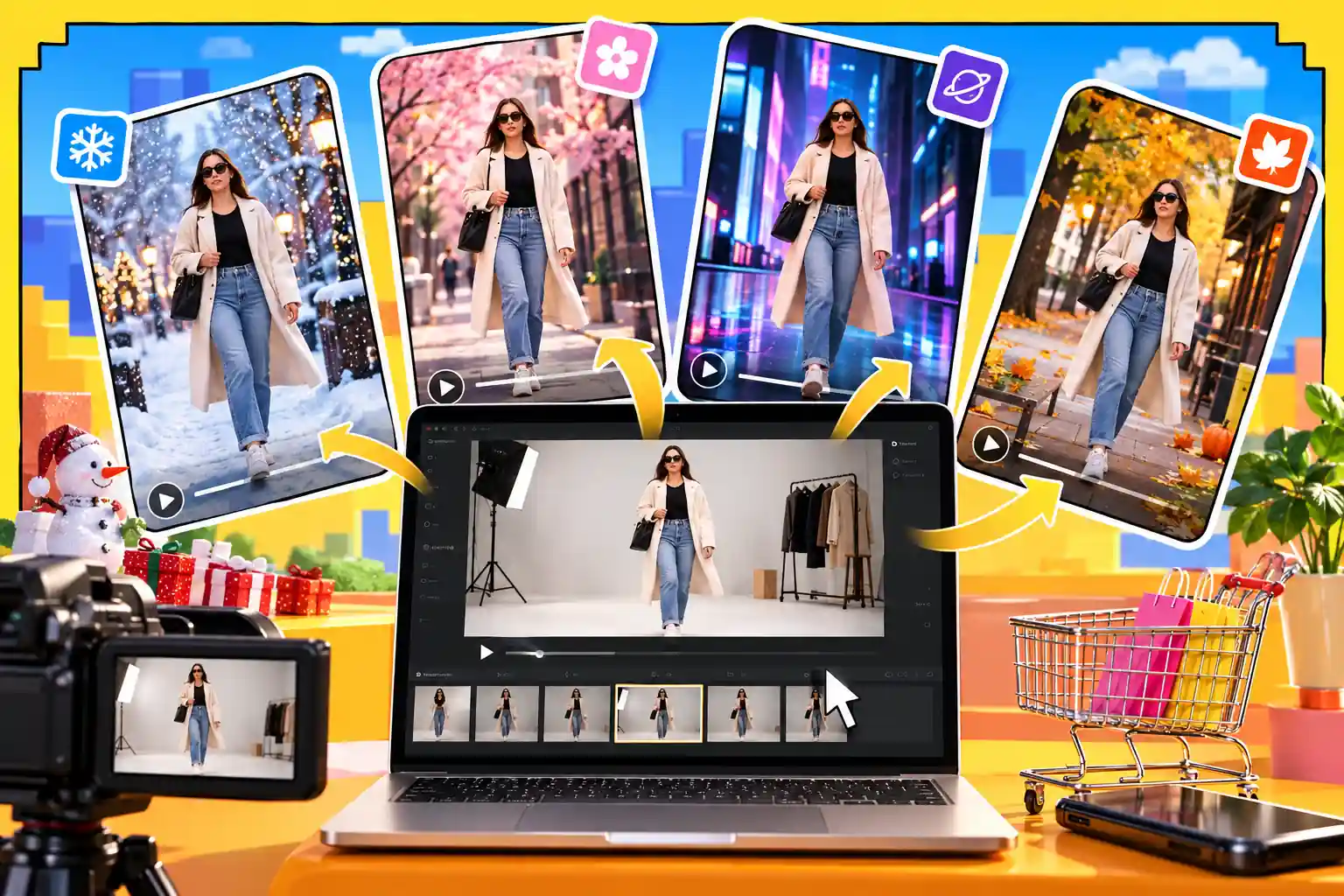 Fashion product clips repurposed into multiple seasonal e-commerce video ad variations
