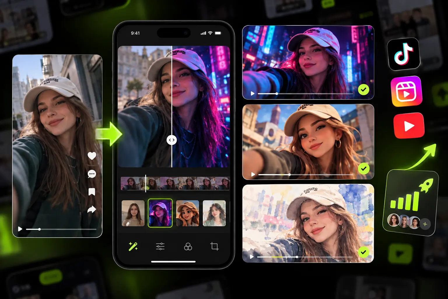 创作者在手机上为 TikTok 和 Reels 短视频应用多彩视觉风格