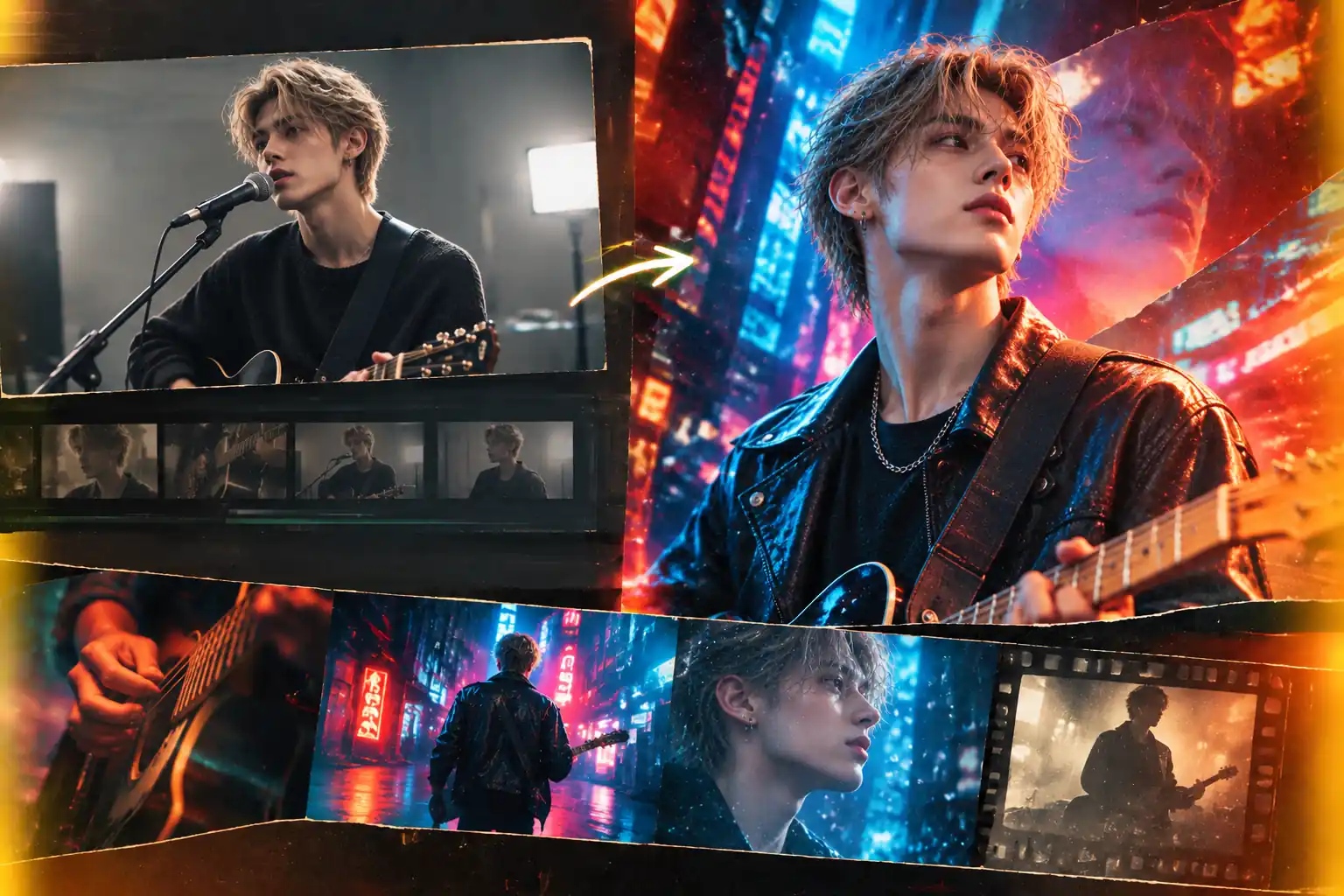 Musician performance footage transformed into vivid cinematic scenes for a stylized music video