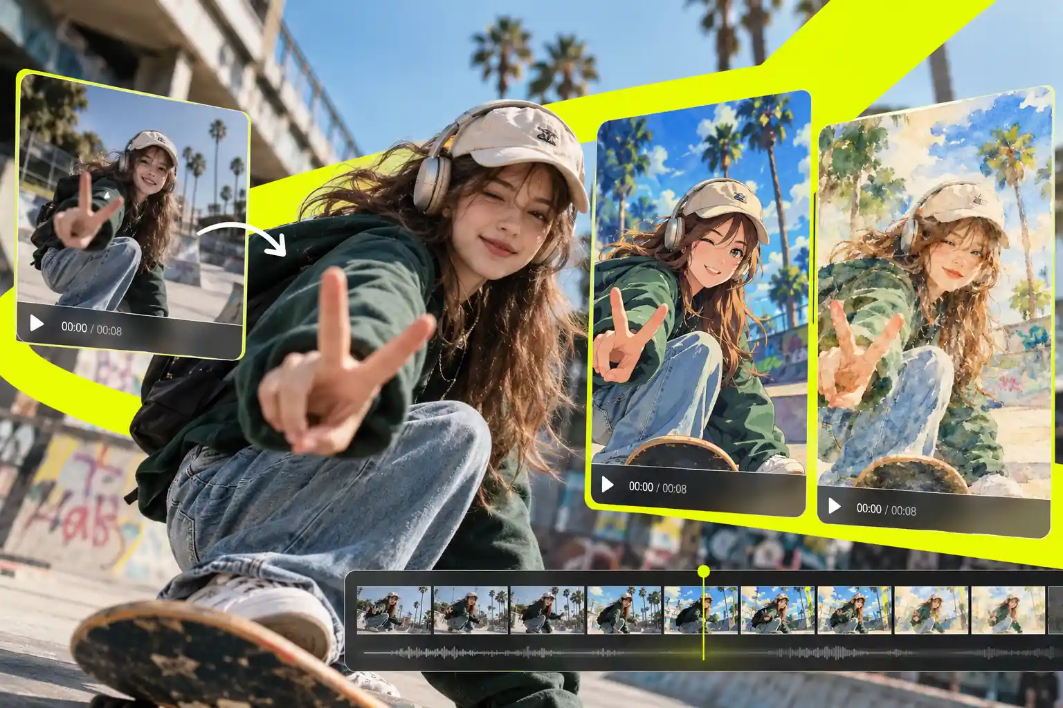 Live-action beach footage transformed into illustrated styles while keeping the subject’s pose