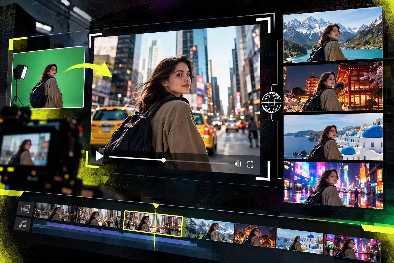 Editing screens showing a woman placed into different environments without a green screen