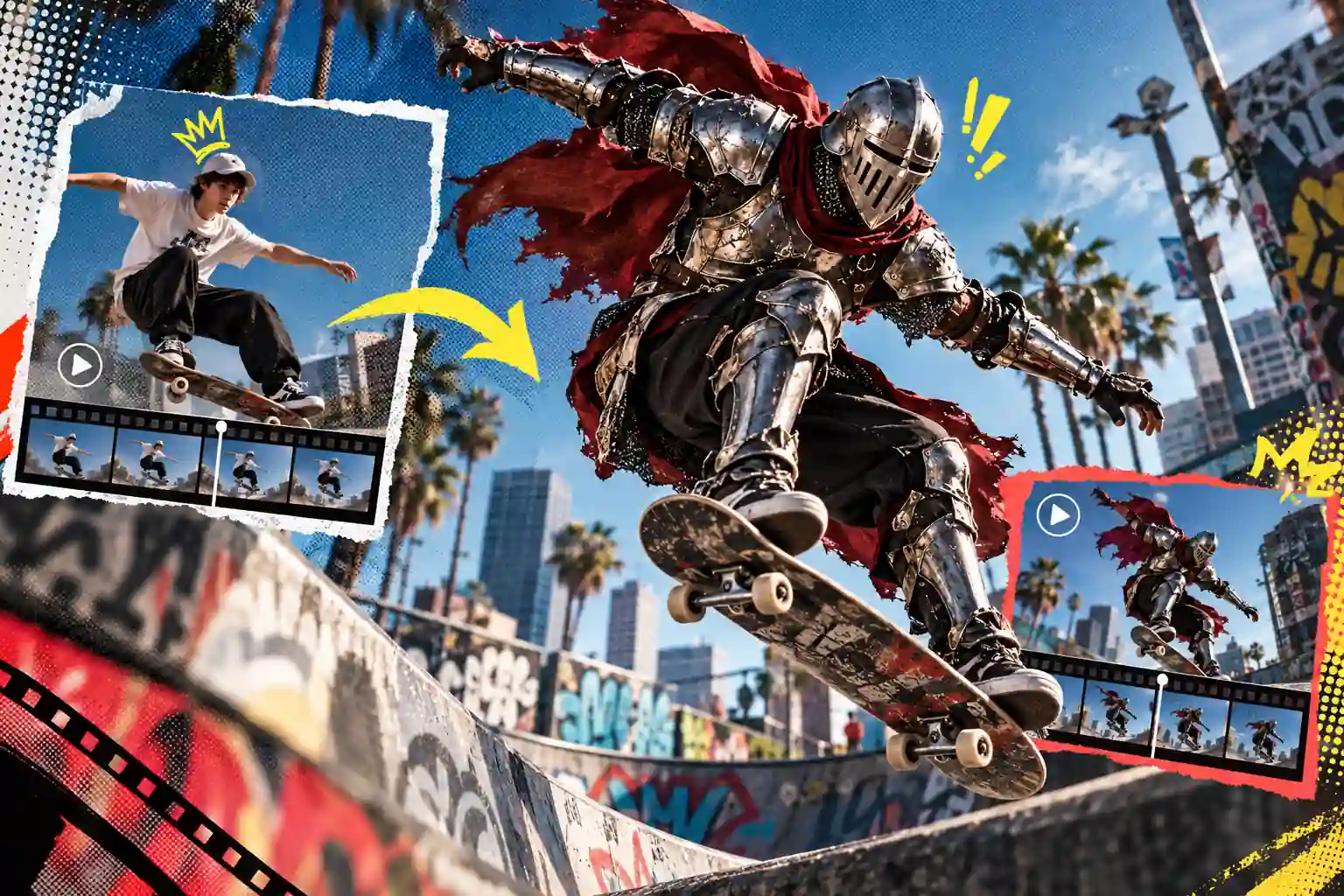 Skateboarder transformed into an armored character while preserving the original motion path