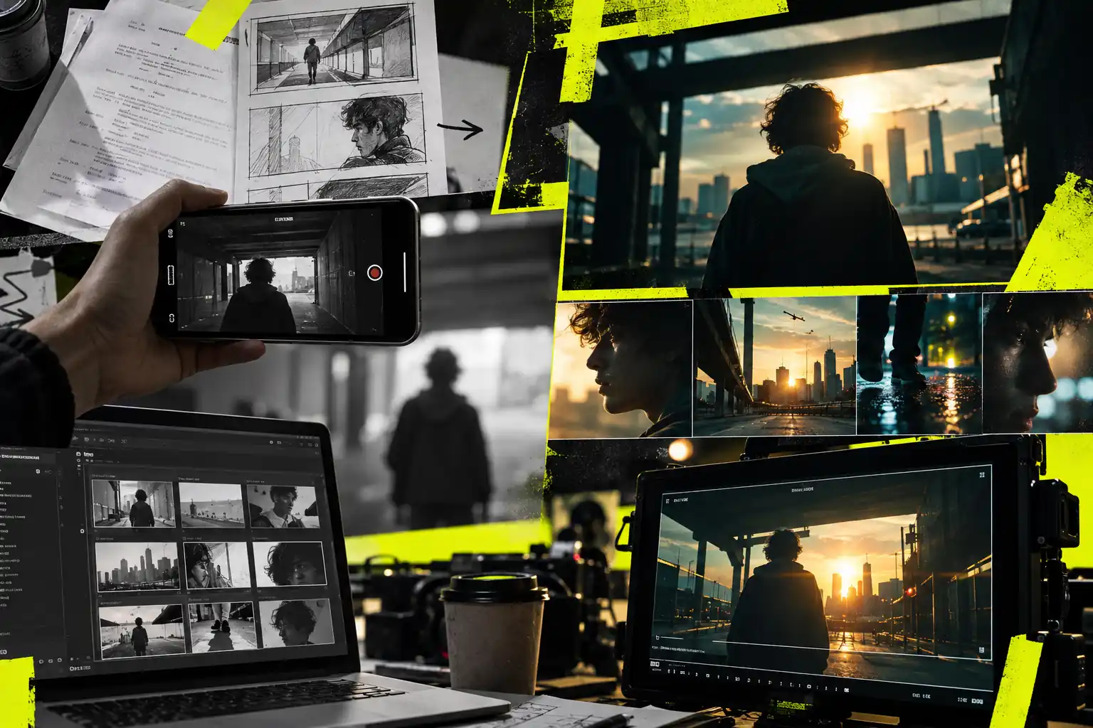 Filmmaker reviewing smartphone footage and cinematic previsualization scenes on editing monitors