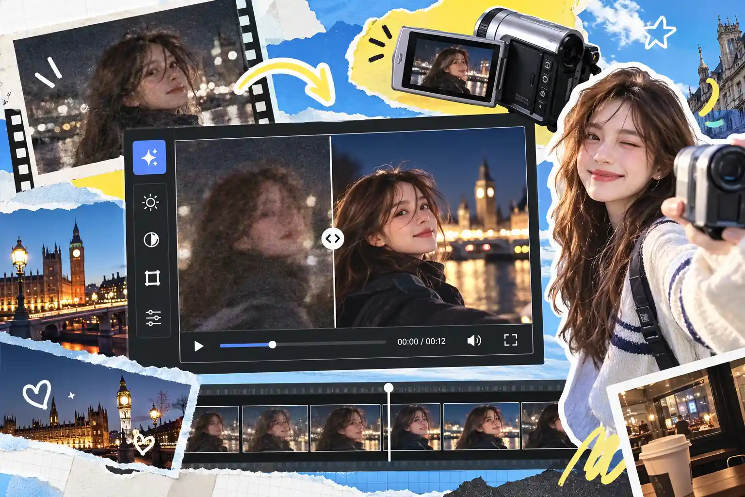Video editor comparing restored night footage with sharper detail and cinematic clarity