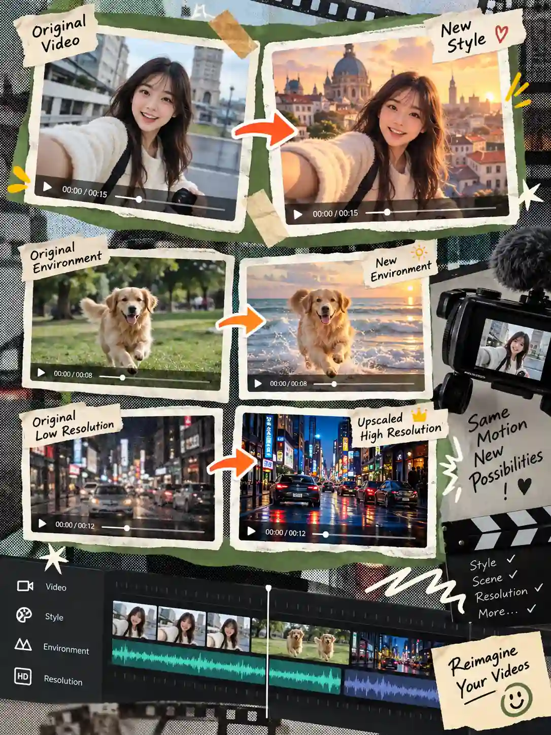 Collage of source footage and multiple AI-transformed video outputs in an editing workflow