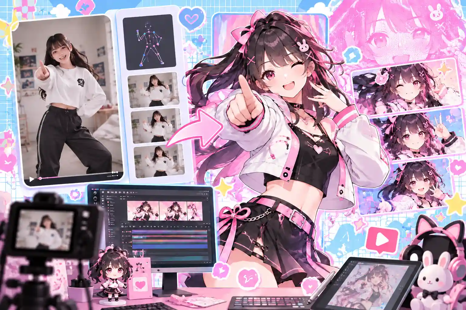 A creator’s live-action clip transformed into an anime VTuber scene across editing screens