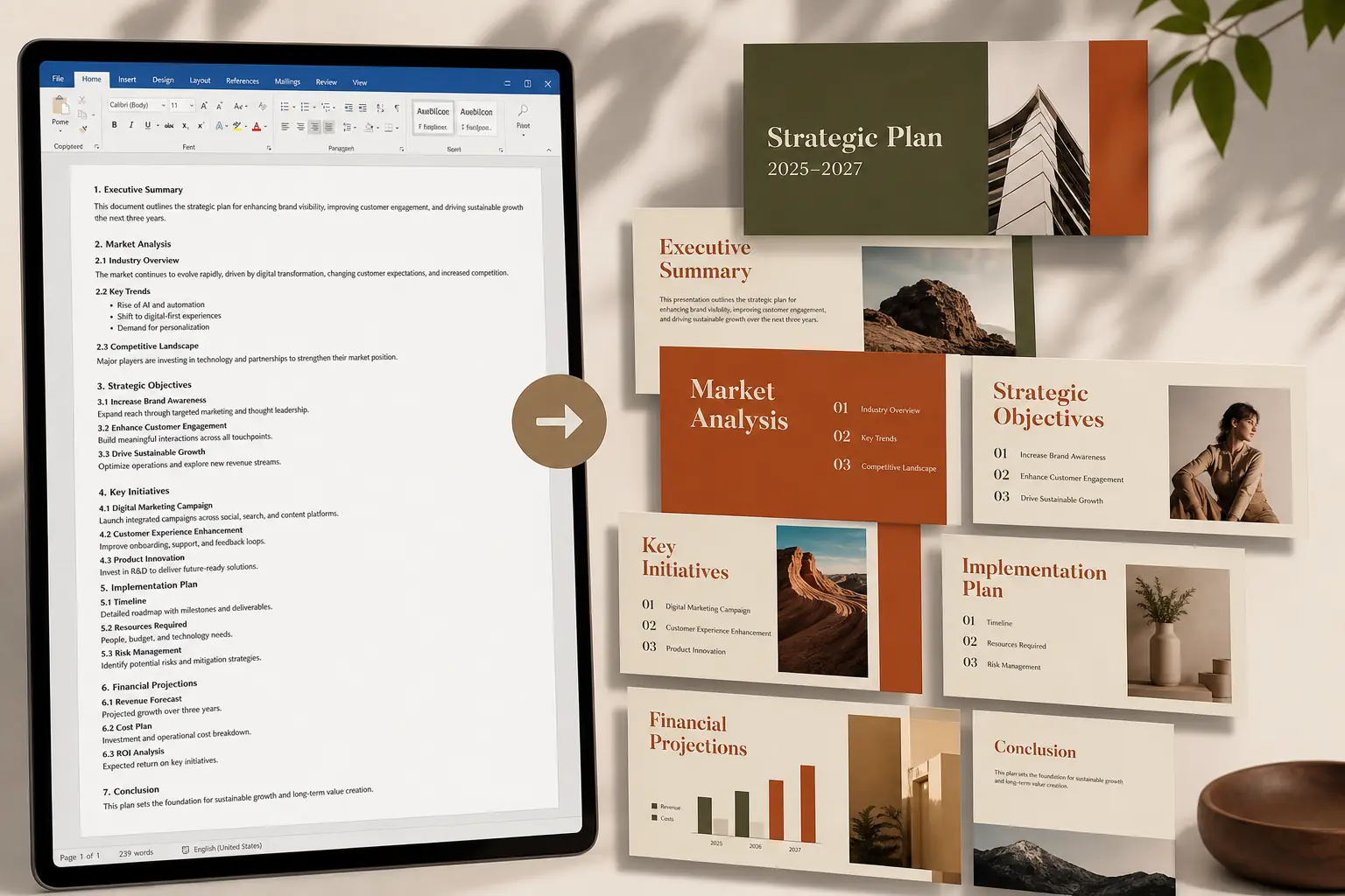 Word document beside structured slide cards showing a clearer presentation framework