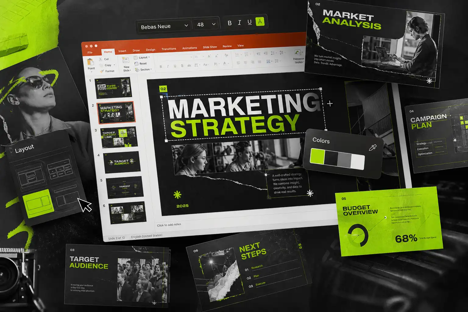 Presentation editor screen with marketing strategy slides ready for further PowerPoint edits