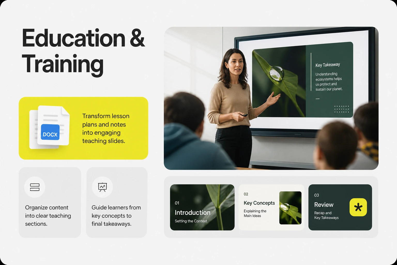 Training presentation layout showing lesson documents, key concepts, and review slides