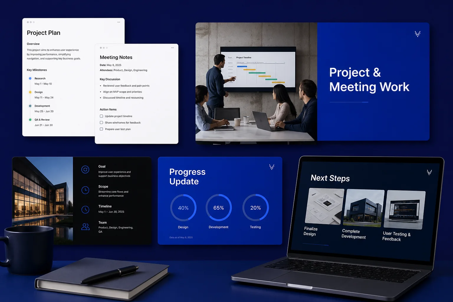 Project plan and meeting notes arranged into update slides for team progress reviews