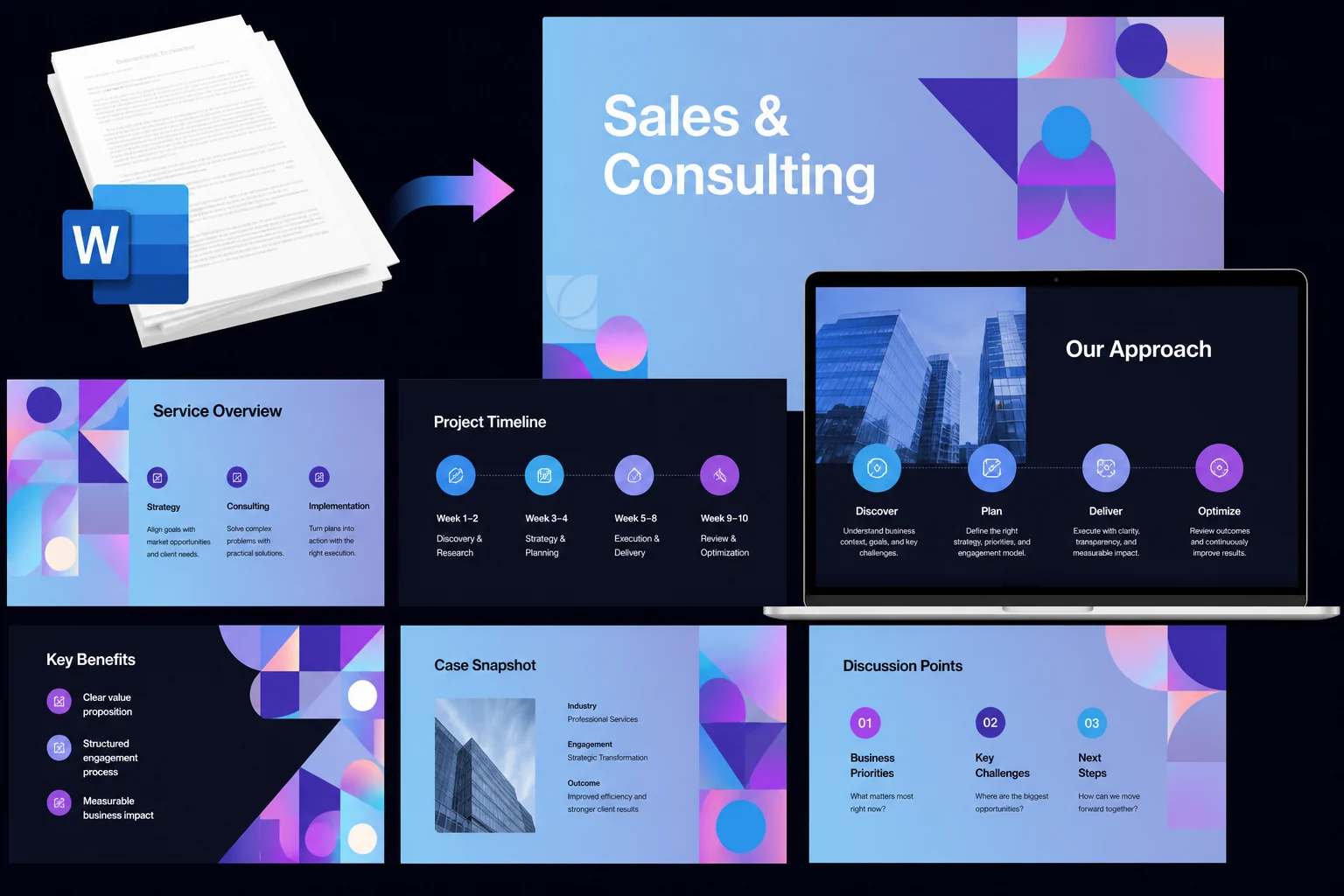 Word proposal flowing into polished sales and consulting slides with section cards