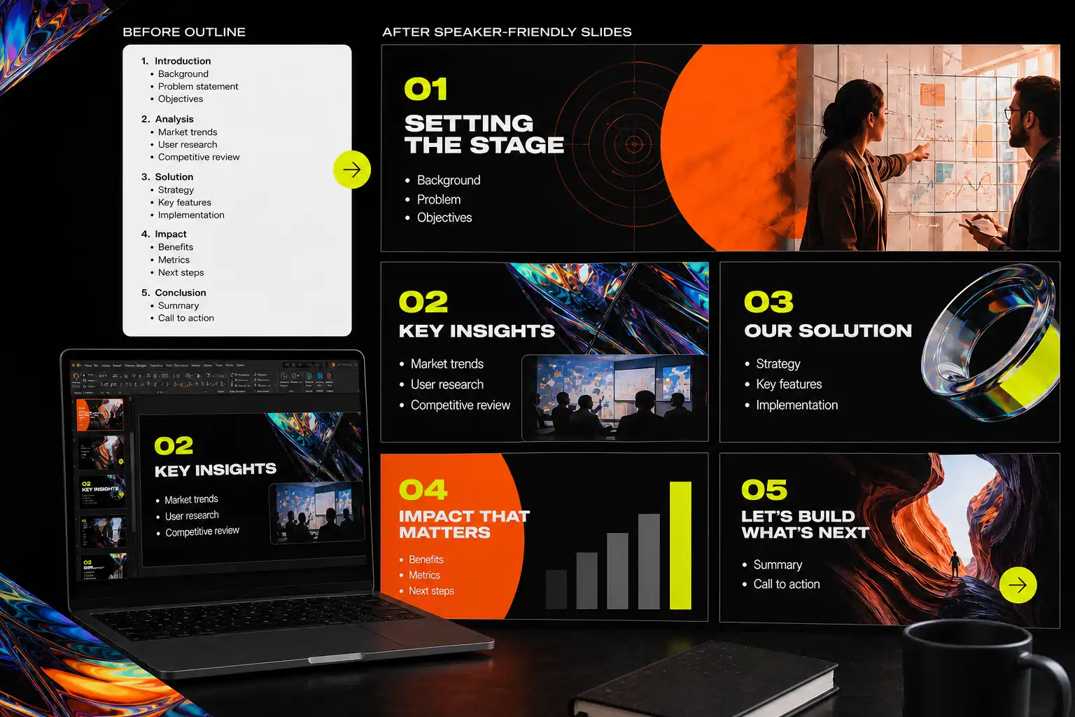Editable outline and slide preview showing concise talking points for a presentation draft
