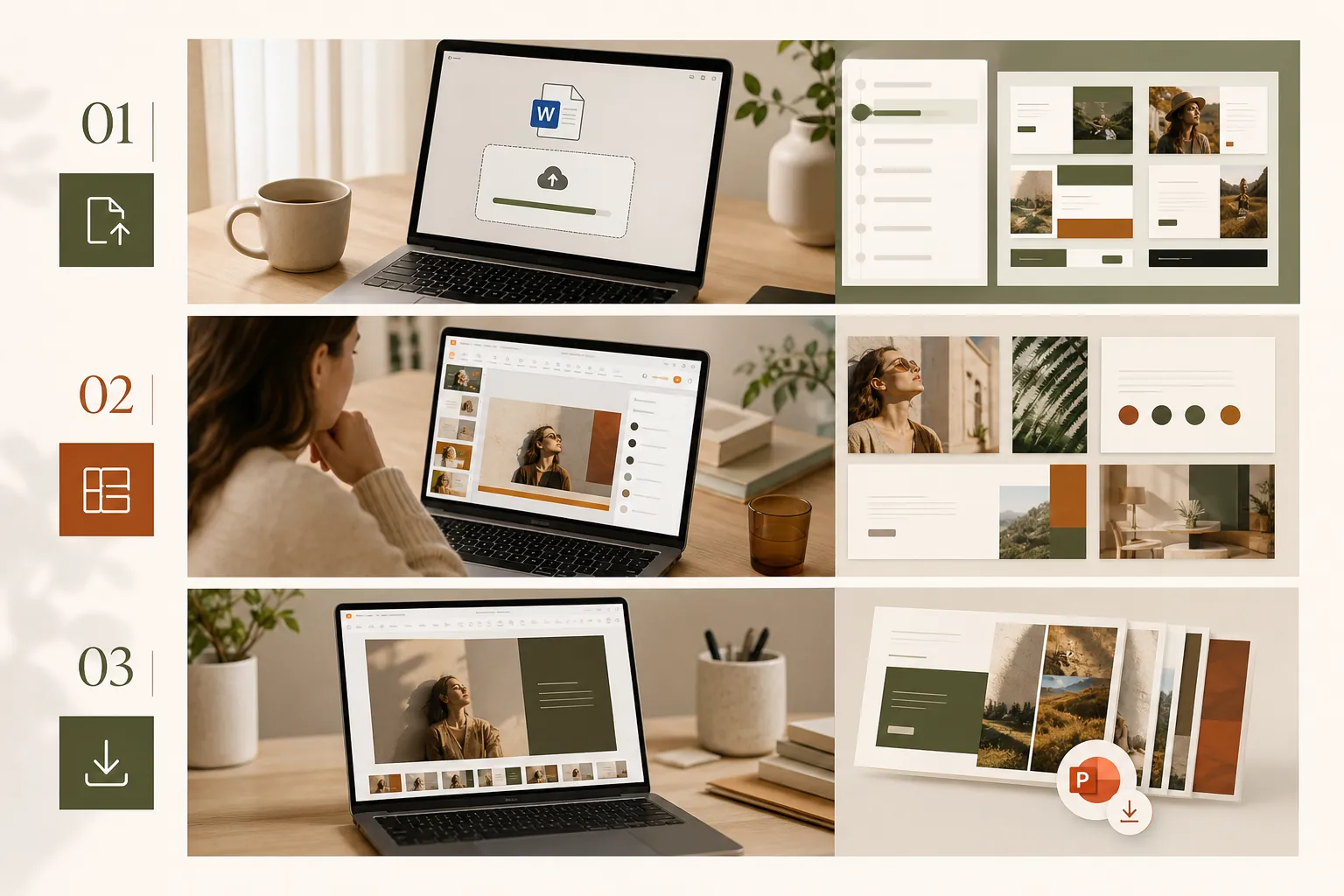 Laptop workflow showing upload, template selection, and download steps for Word to PPT