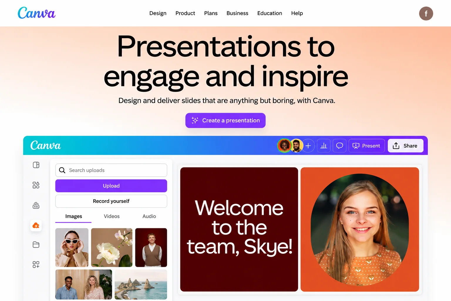 Canva presentation editor showing uploaded visual assets and a welcome slide with a portrait