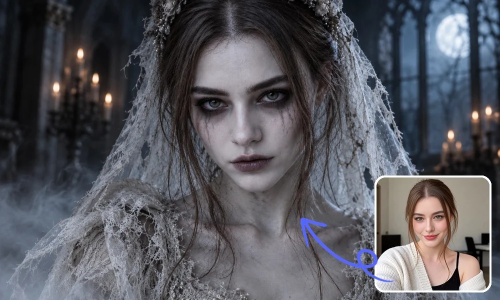 Portrait transformed into a ghost bride with a torn lace veil in a moonlit chapel, alongside the original reference photo.