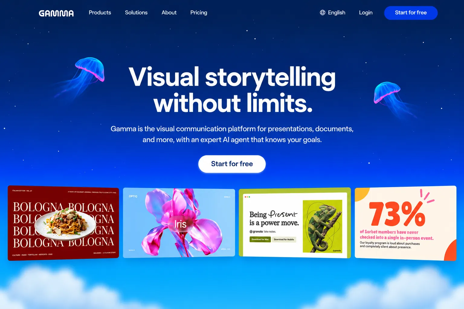 Gamma homepage featuring visual storytelling tools and examples of presentation designs