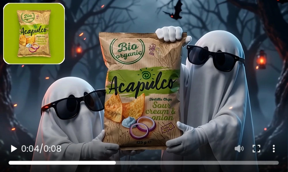 Two sheet ghosts wearing sunglasses present a bag of tortilla chips in a misty forest, with the original product inset.