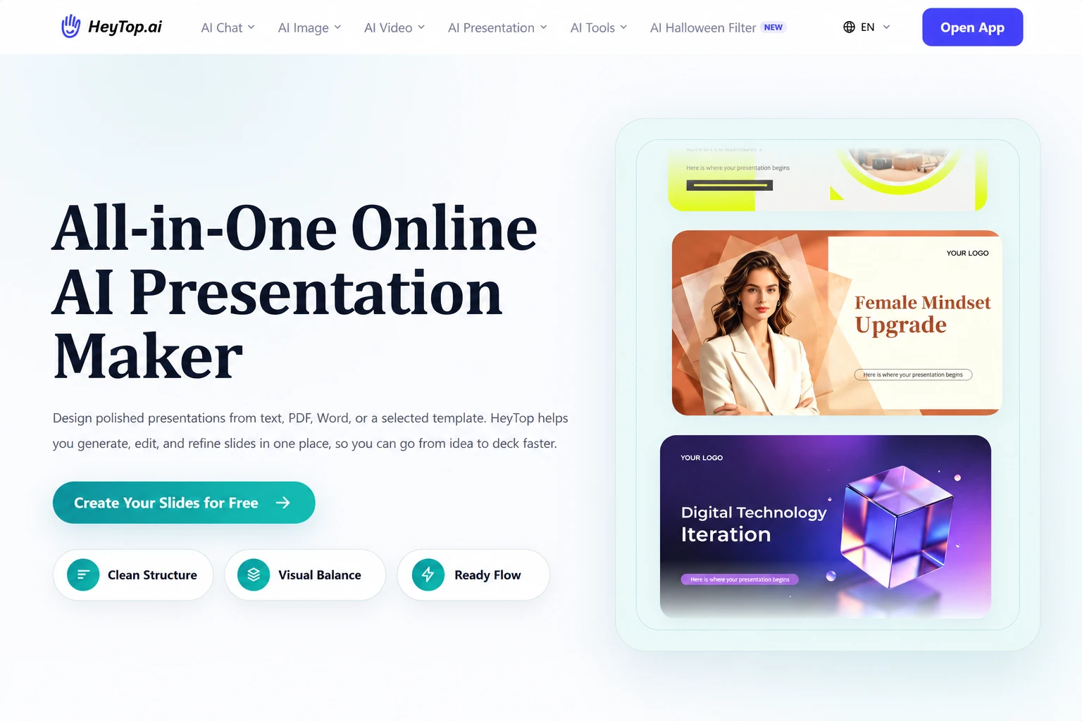 HeyTop presentation maker page with sample templates and options to create slides from text or documents