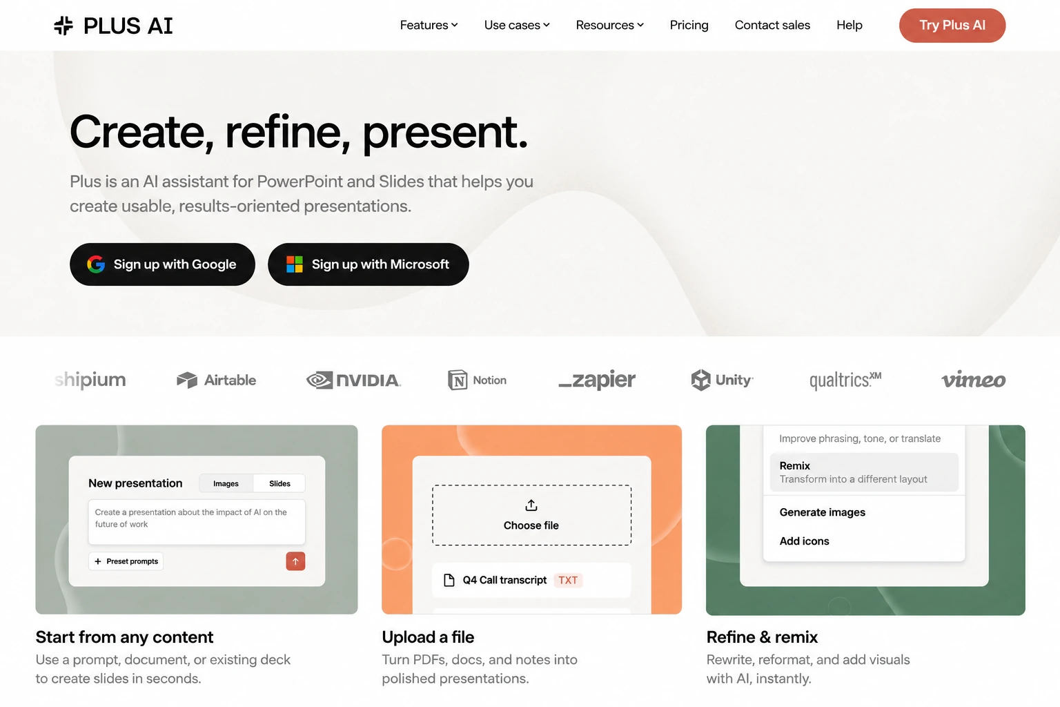 Plus AI page showing prompt-based slide creation, document upload, and layout editing options