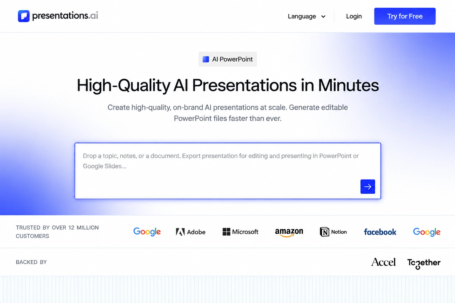 Presentations.AI homepage with an input field for a topic, notes, or a document to create slides