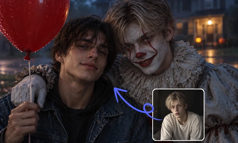 Two-person Halloween portrait with a red balloon and clown makeup, alongside the original reference portrait.